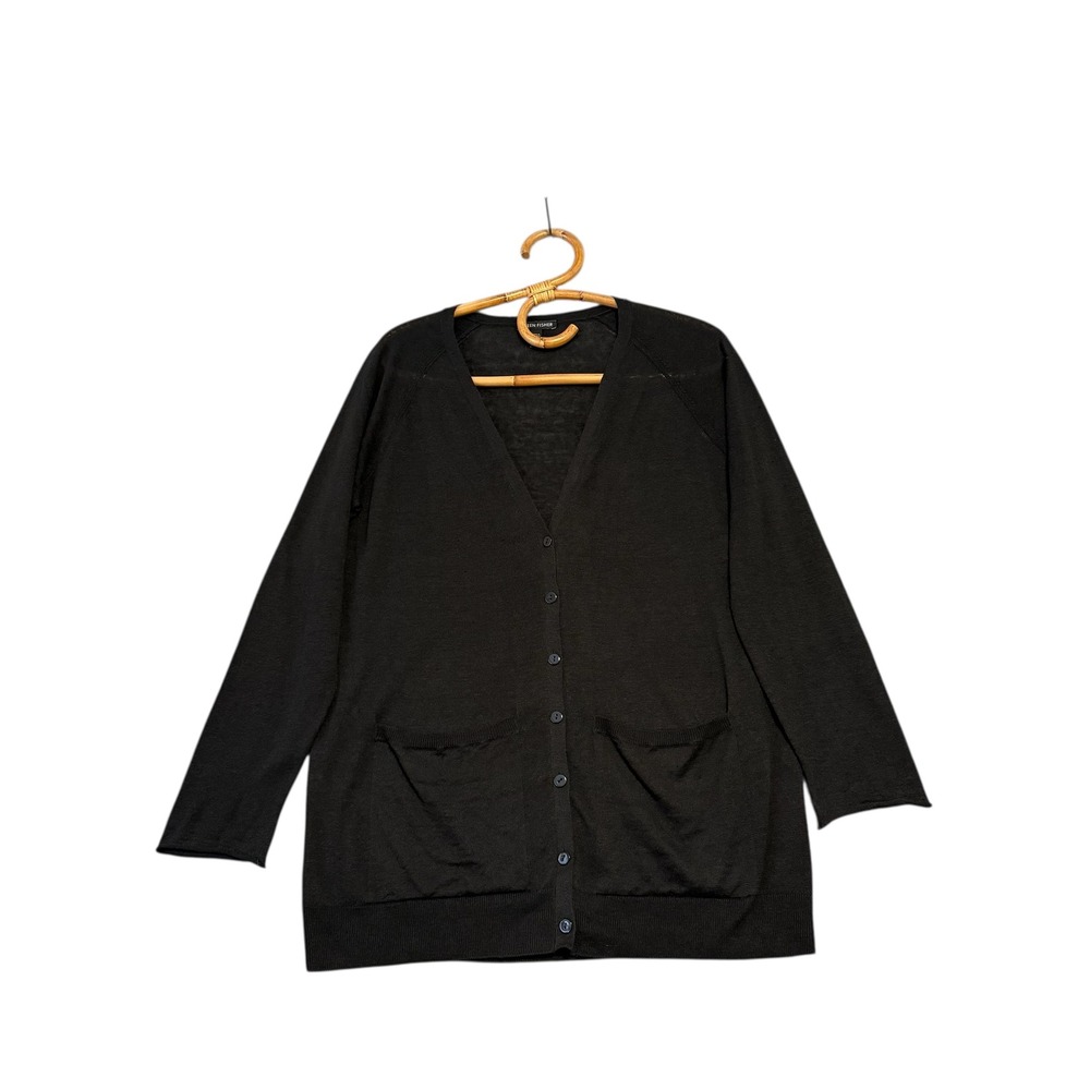 Eileen Fisher | Linen Cotton Button Front‎ Oversized Cardigan Black Size XXS